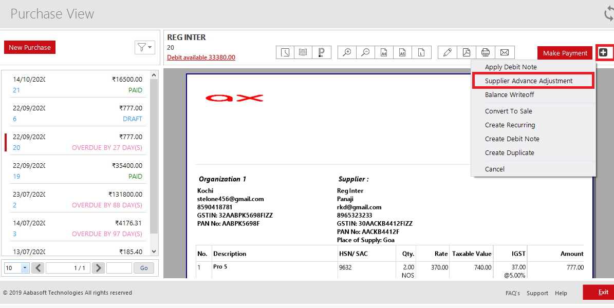 Supplier Advance Adjustment In Purchase View