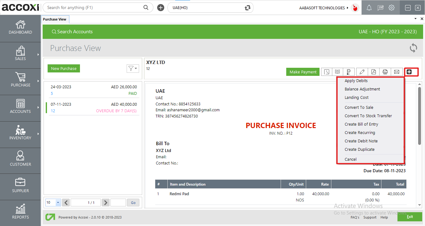 More Option In Purchase View Screen