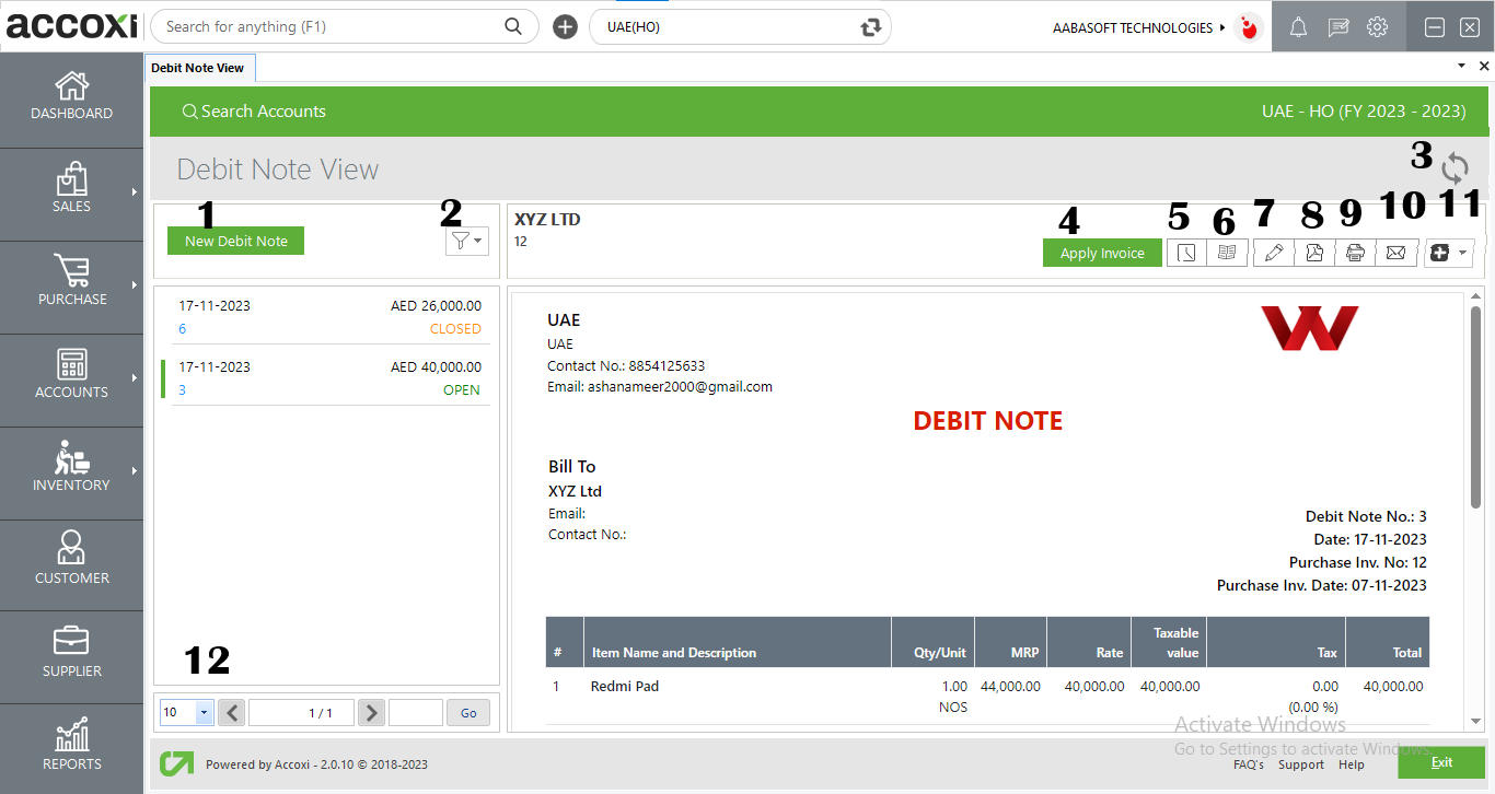 Menus Available In Debit Note View Screen