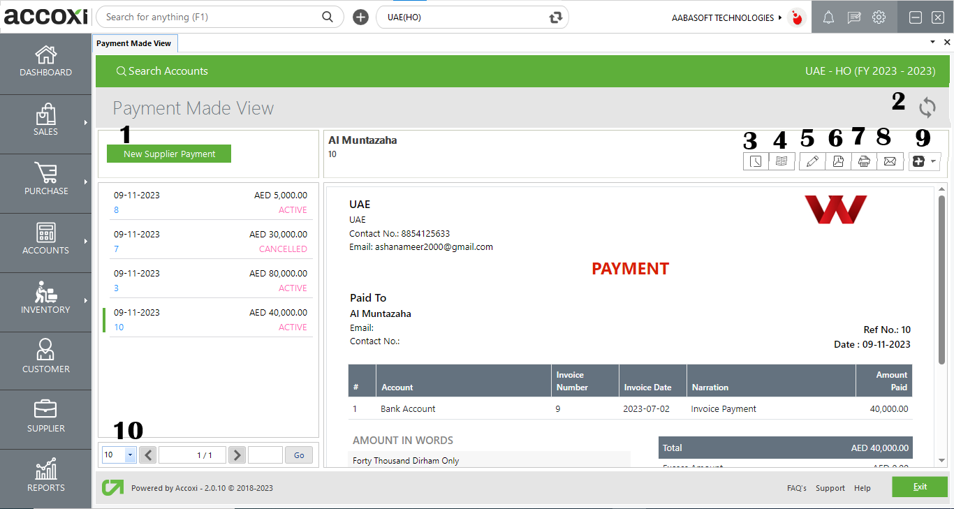 Menus Available In Supplier Payment View Screen