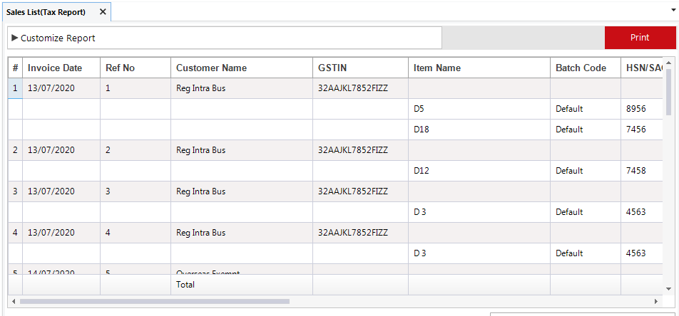 Sales List Tax Report