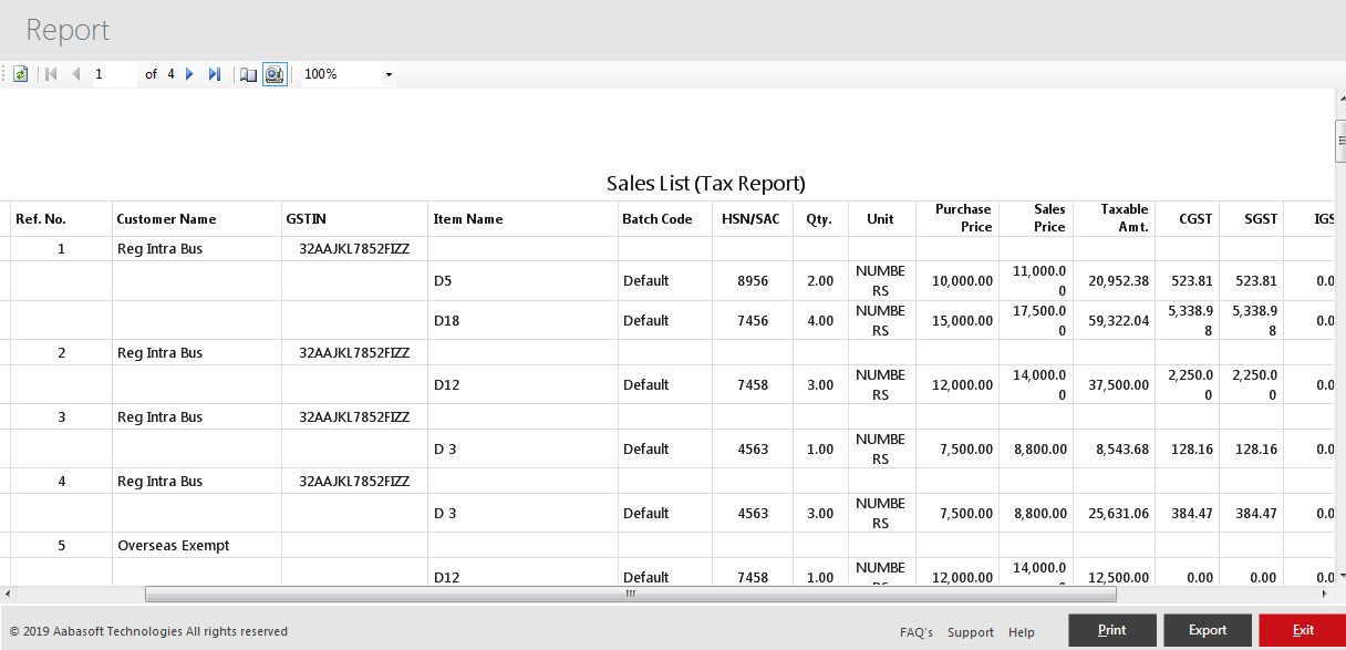 Sales List (Tax Report) Print View