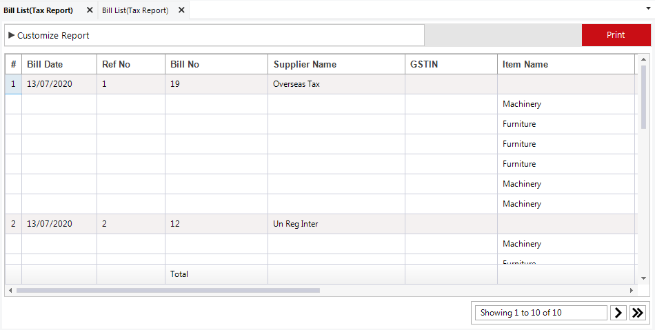 Bill List (Tax Report)