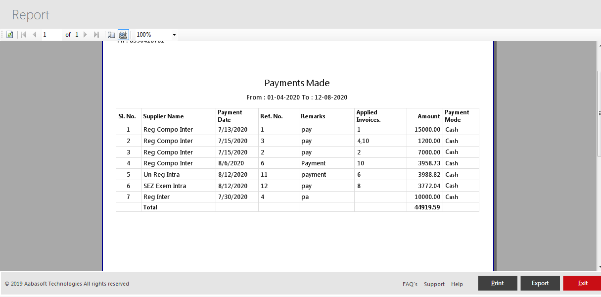 Menus Available In Payments Made Print View