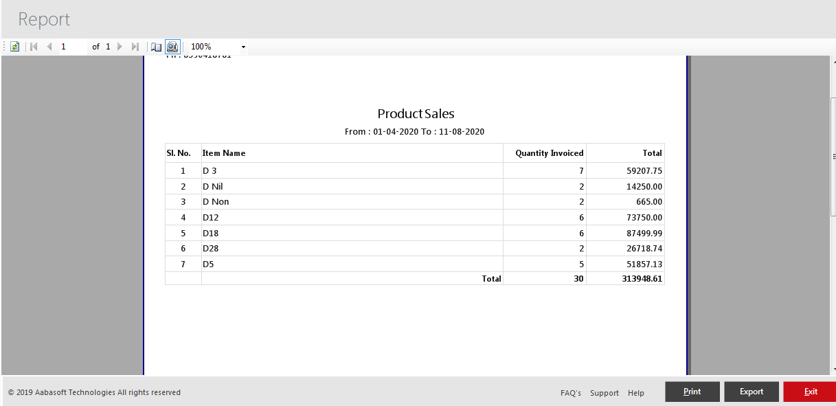 Product Sales Print View