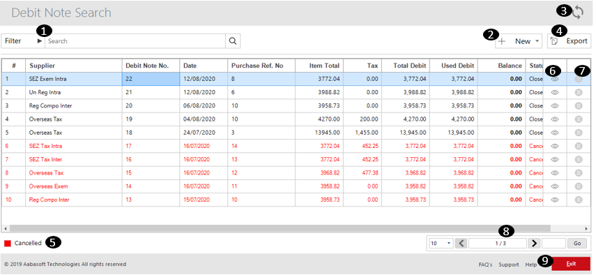 Menus Available In Debit Note Search
