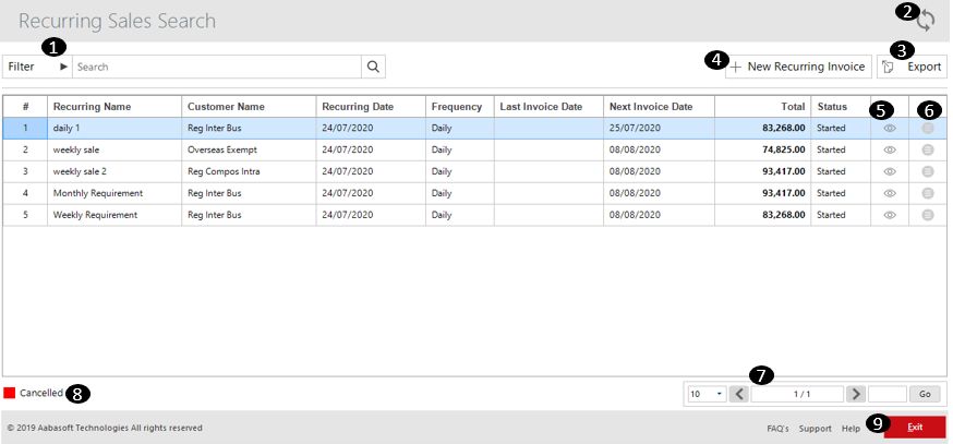 Menus Available In Recurring Sales Search