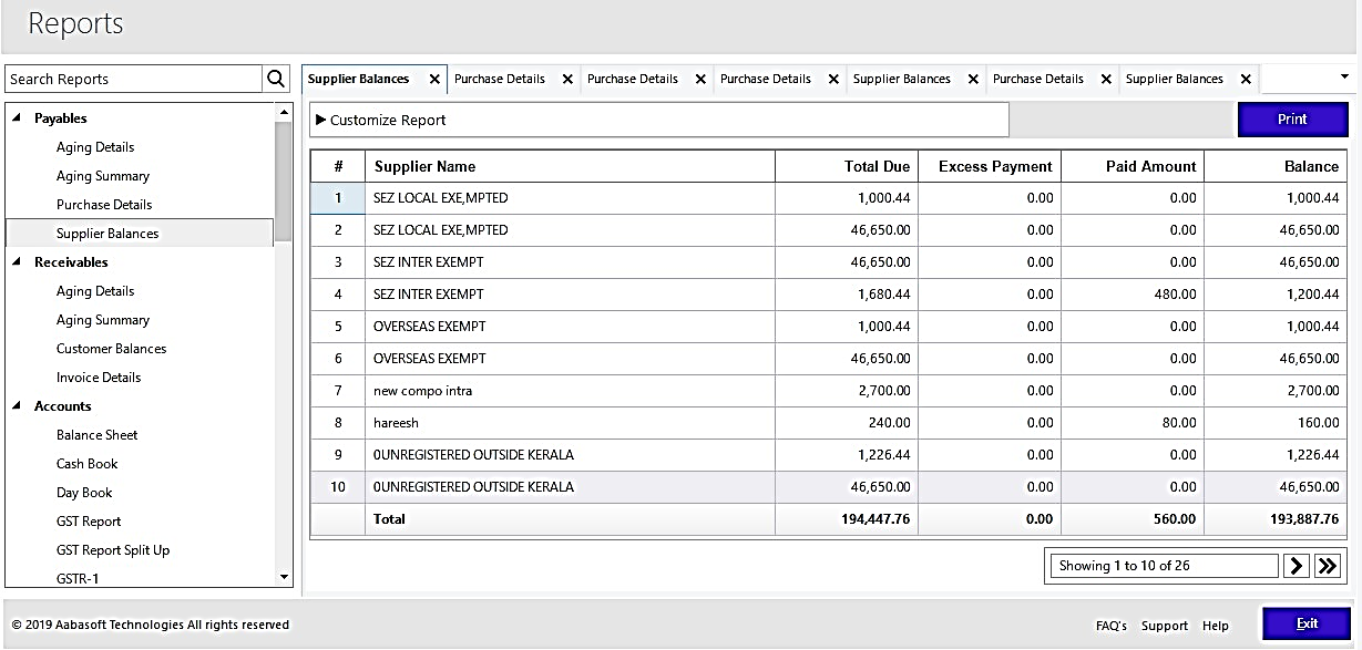 Supplier Balances Reports