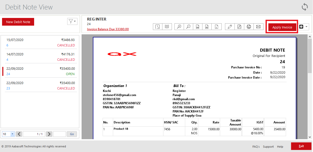 Debit Note Apply Invoice