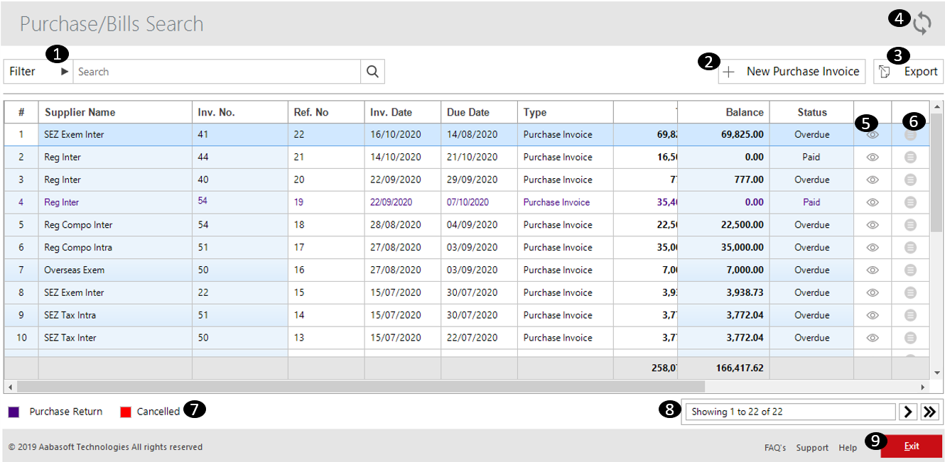 Menus Available In Purchase Search