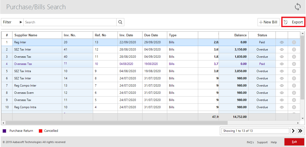 Export Option In Bills Search