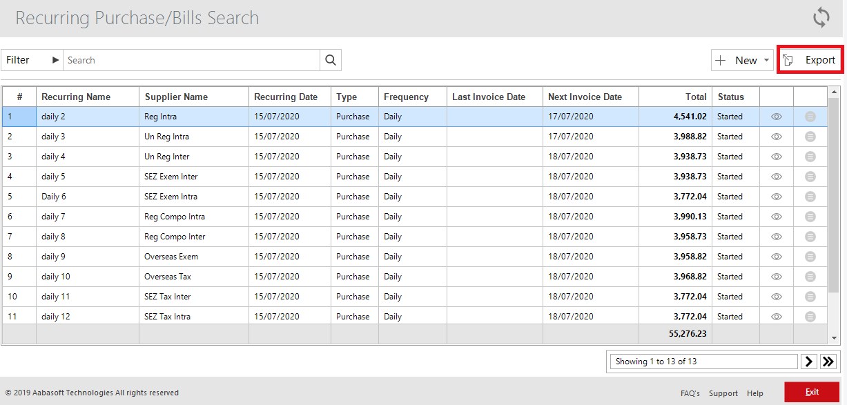 Export Option In Recurring Purchase Invoices