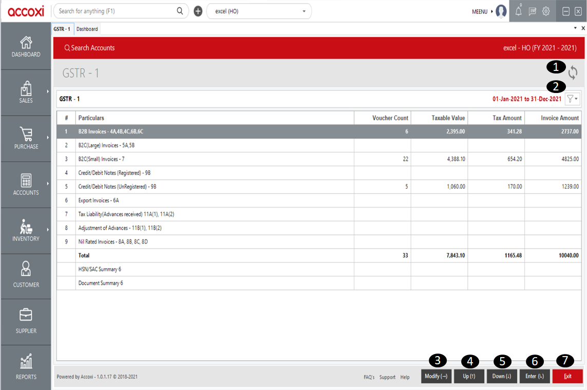 Menus Available in GSTR 1 in Accoxi