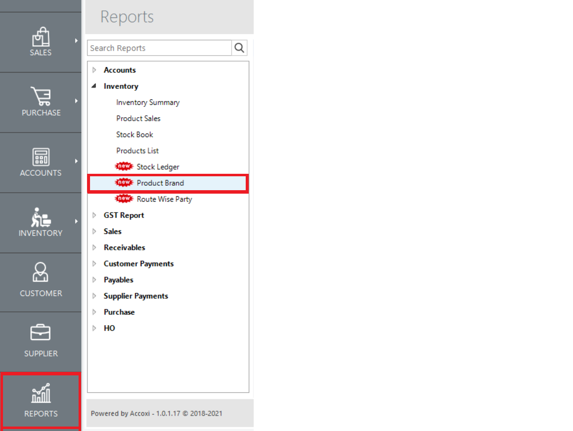Product Brand Report in Accoxi - Navigation