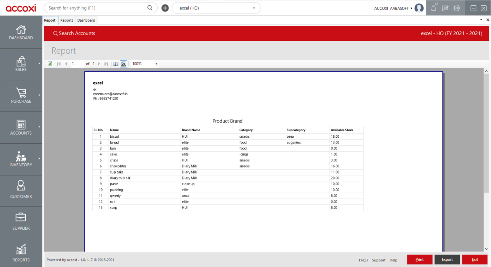 Printing Product Brand Report in Accoxi