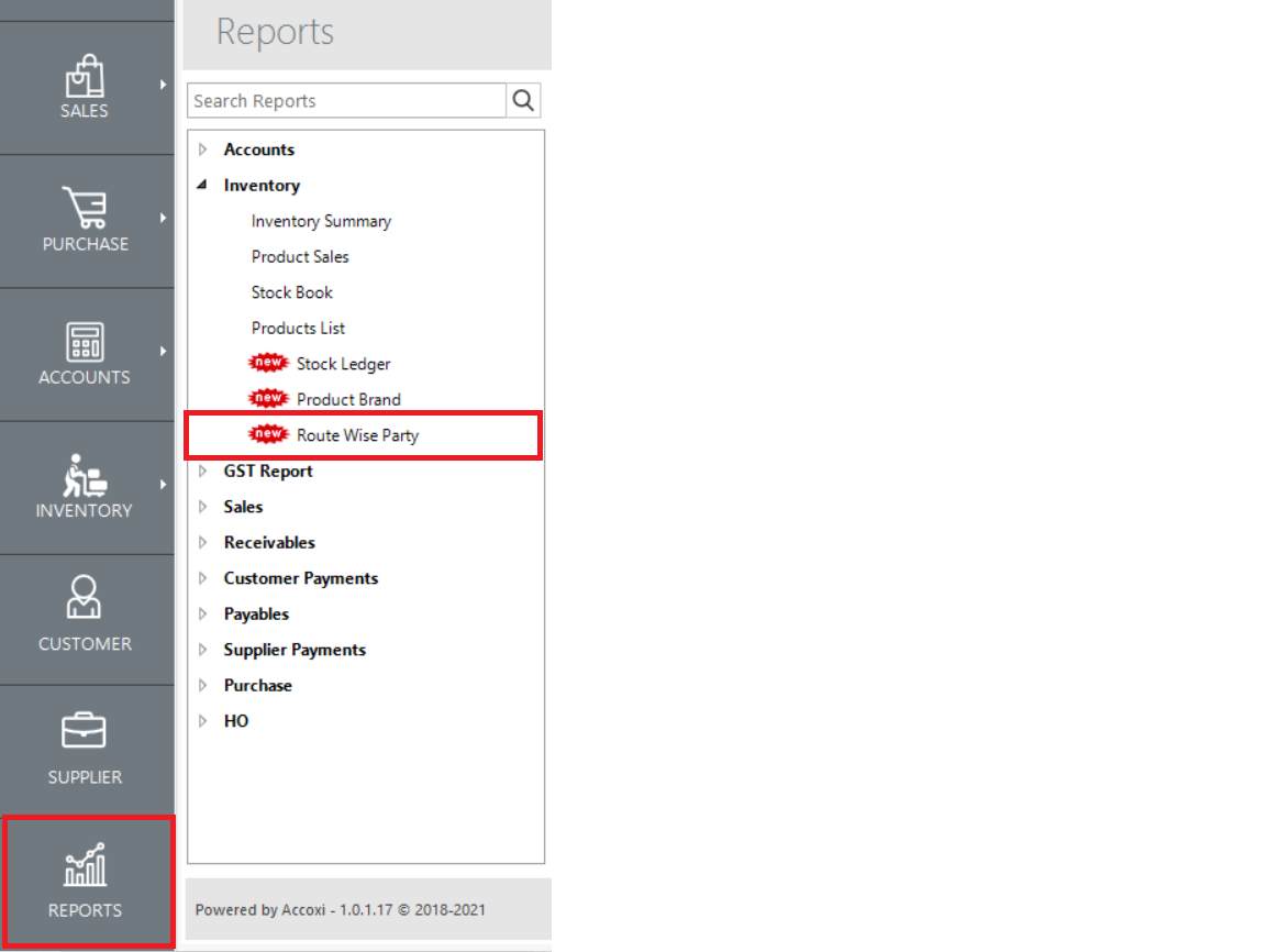 Route Wise Party Report in Accoxi - Navigation