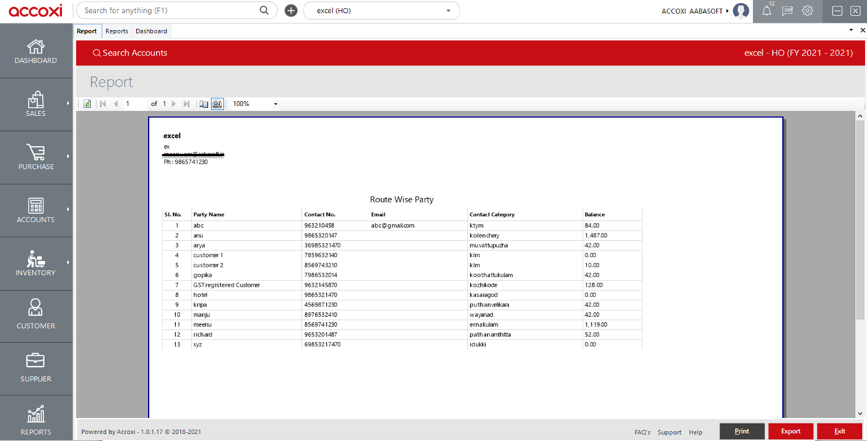 Printing Route Wise Party Report in Accoxi