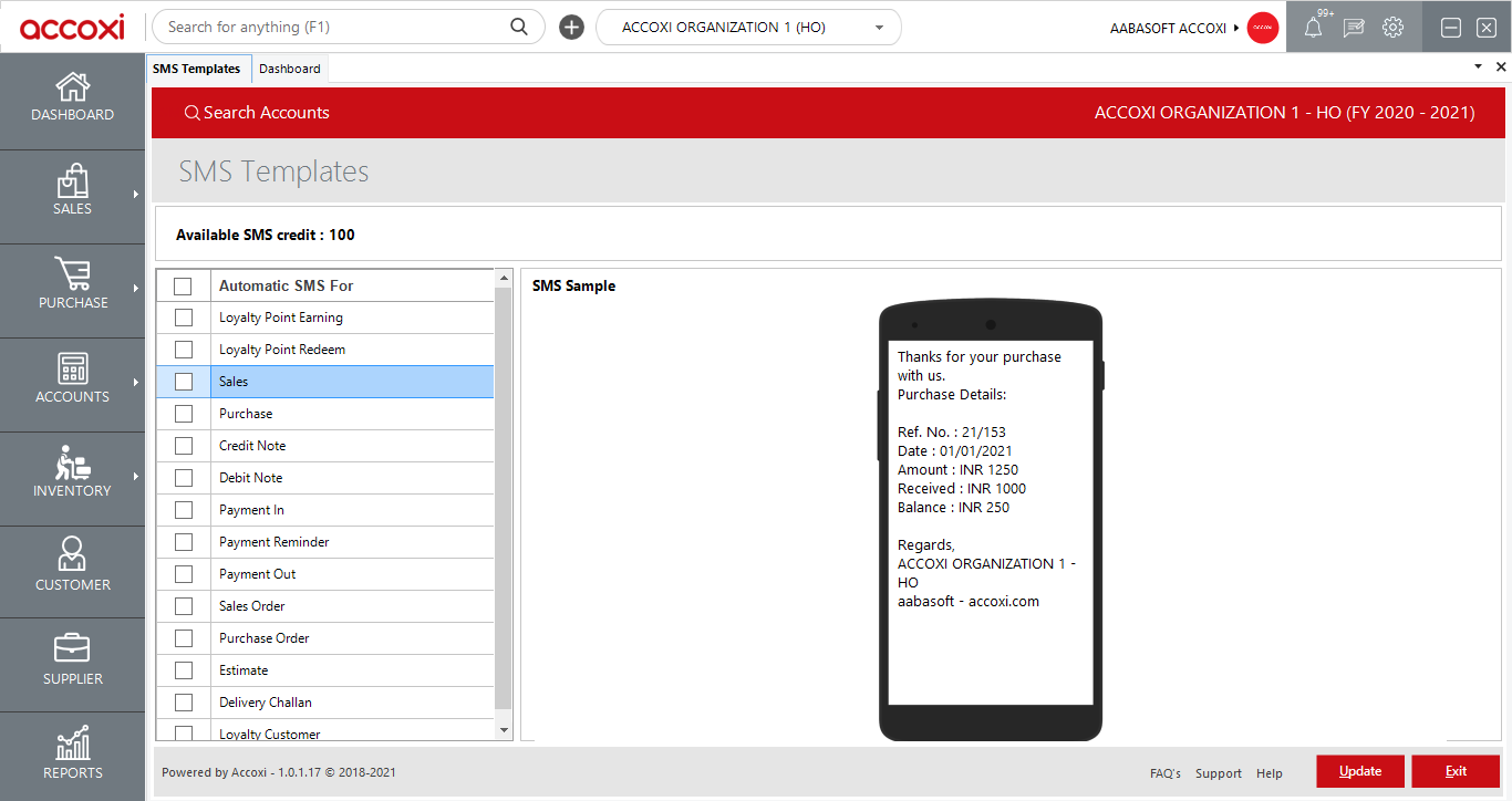 Options Available in SMS Template