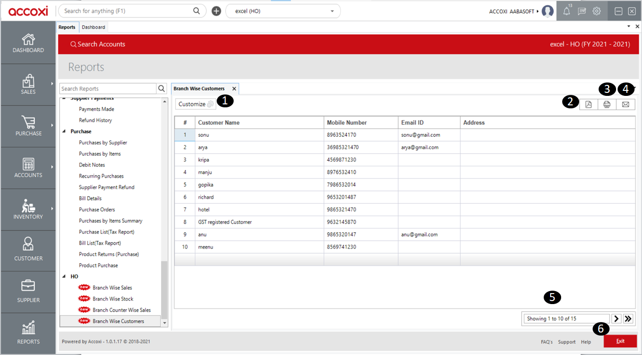 Menus on Branch Wise Customer Report in Accoxi