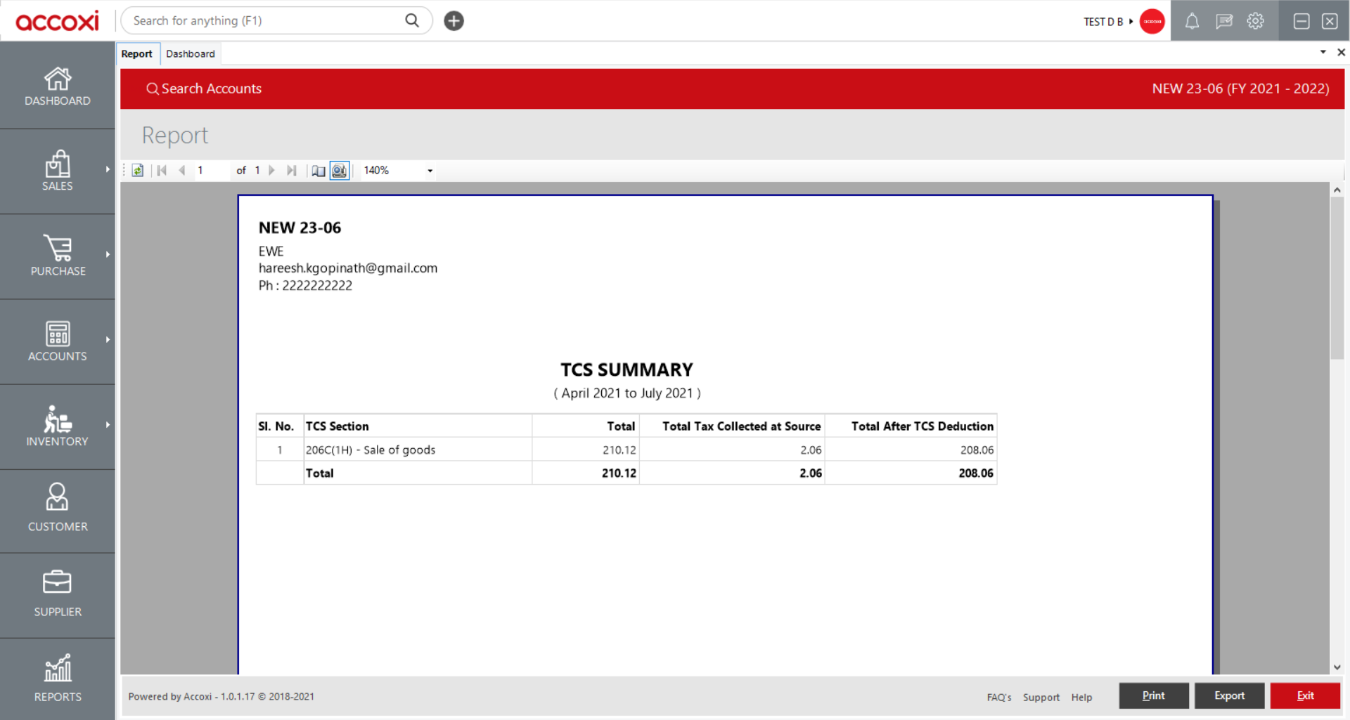 Printing TCS Summary Report in Accoxi