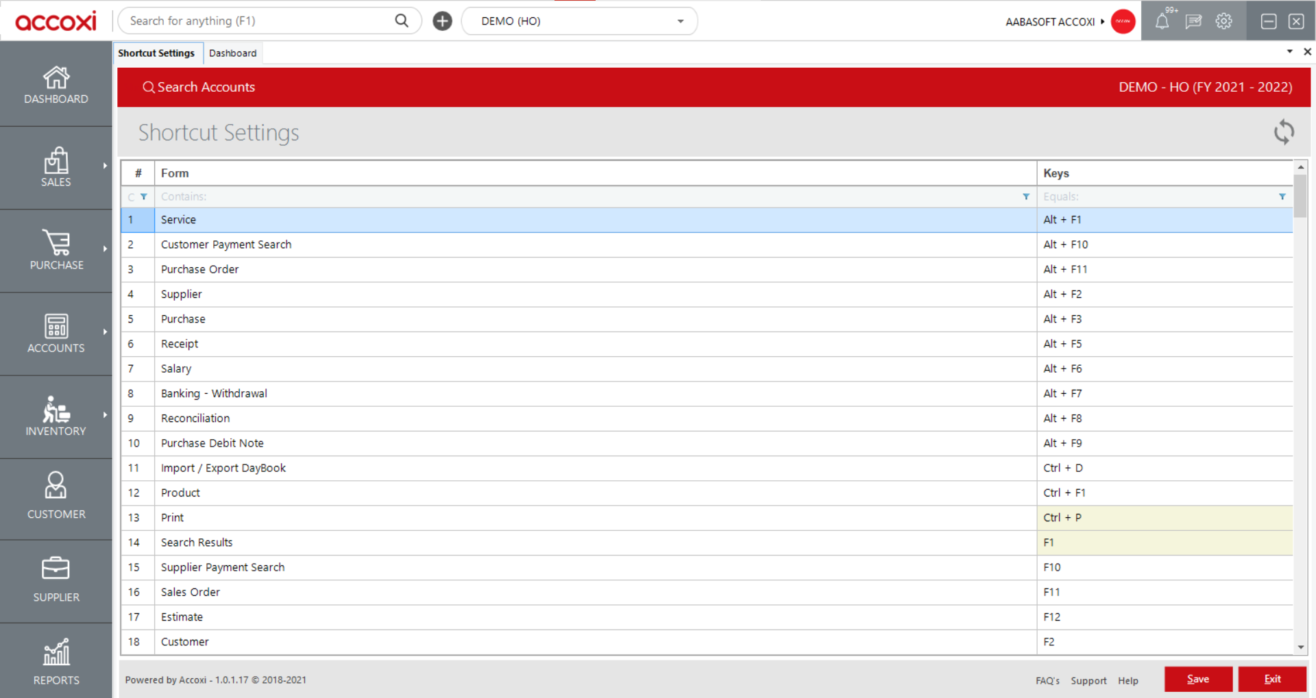 Accoxi Short Cut Settings
