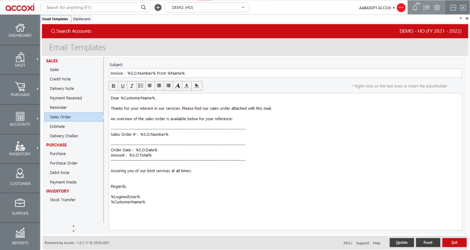 Sales Order Email Template