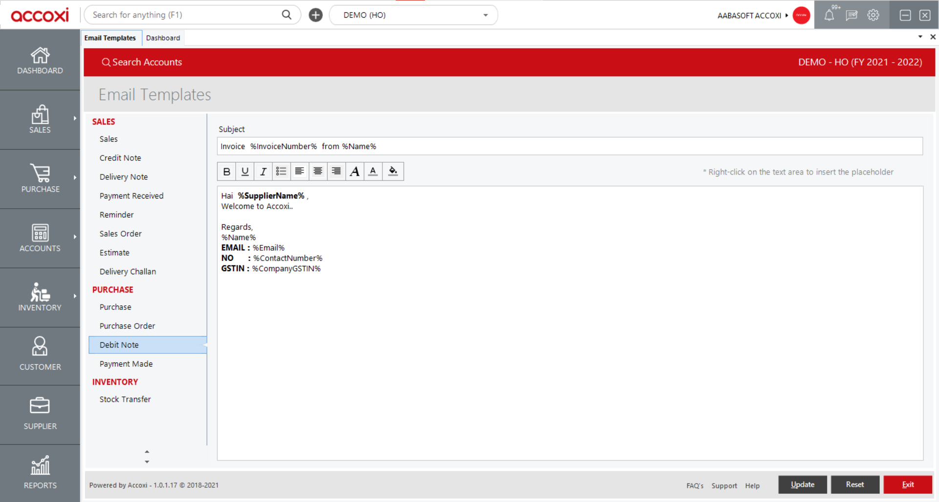 Debit Note Email Template