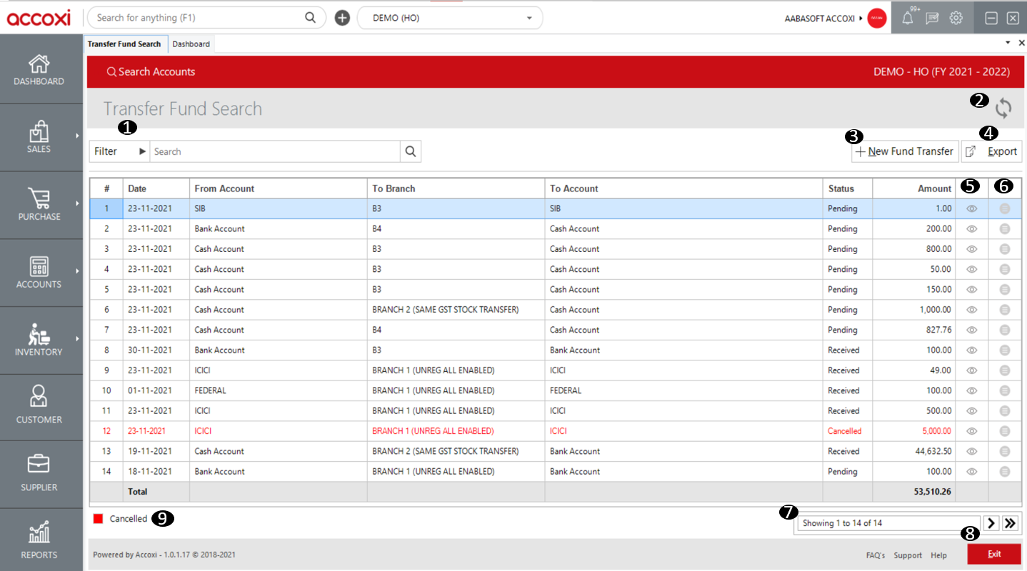 Menu Available In Transfer Fund Search Page
