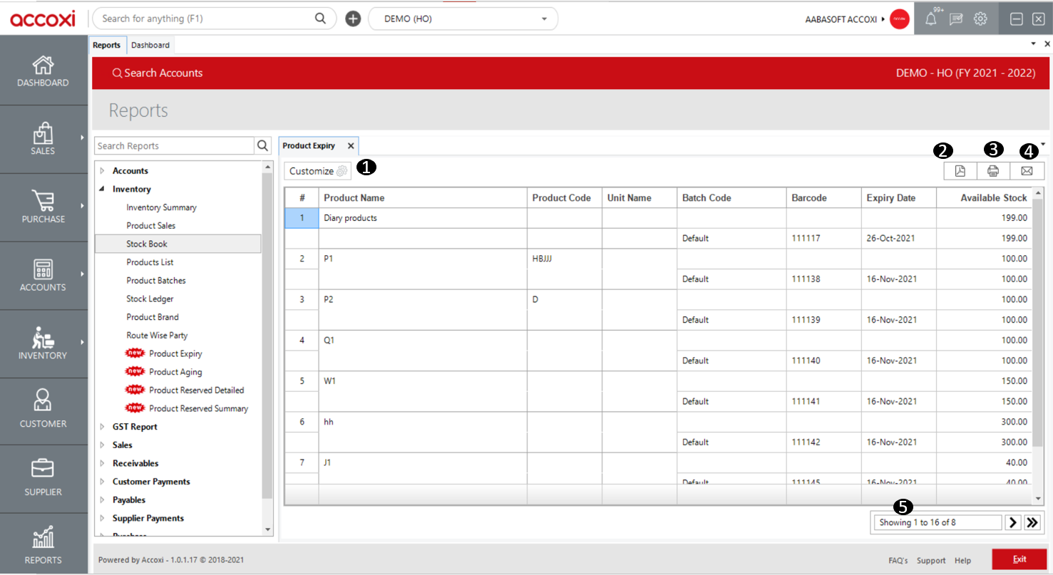 Menu Available In Product Expiry Report Table