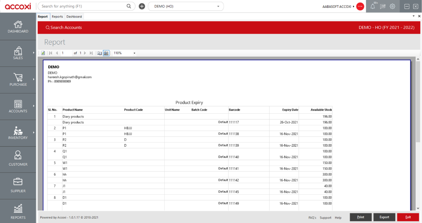 MENUS AVAILABLE IN PRINT OPTION Product Expiry Report