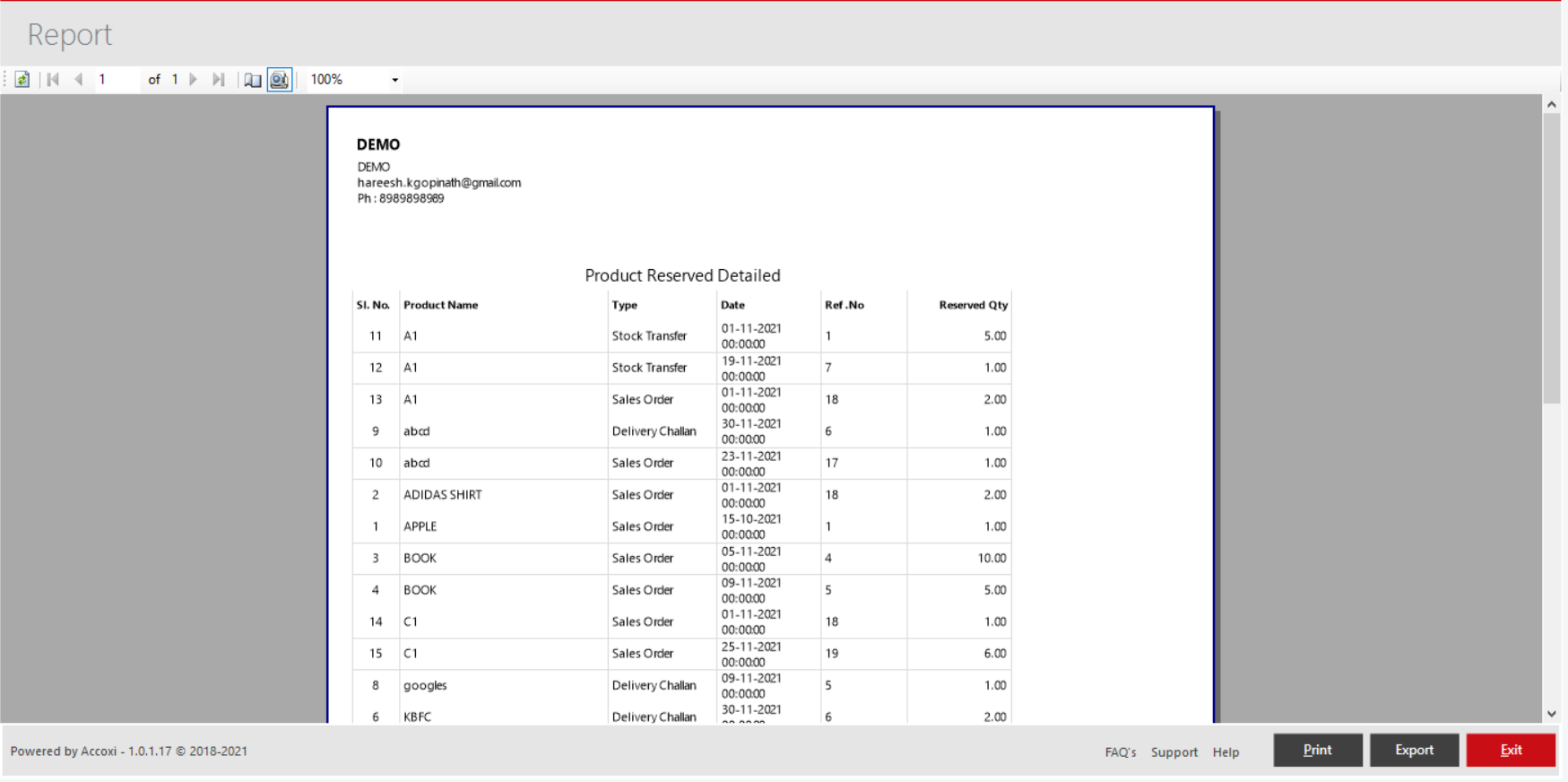 OPTIONS AVAILABLE IN PRINT OPTION Product Reserved Summary Report