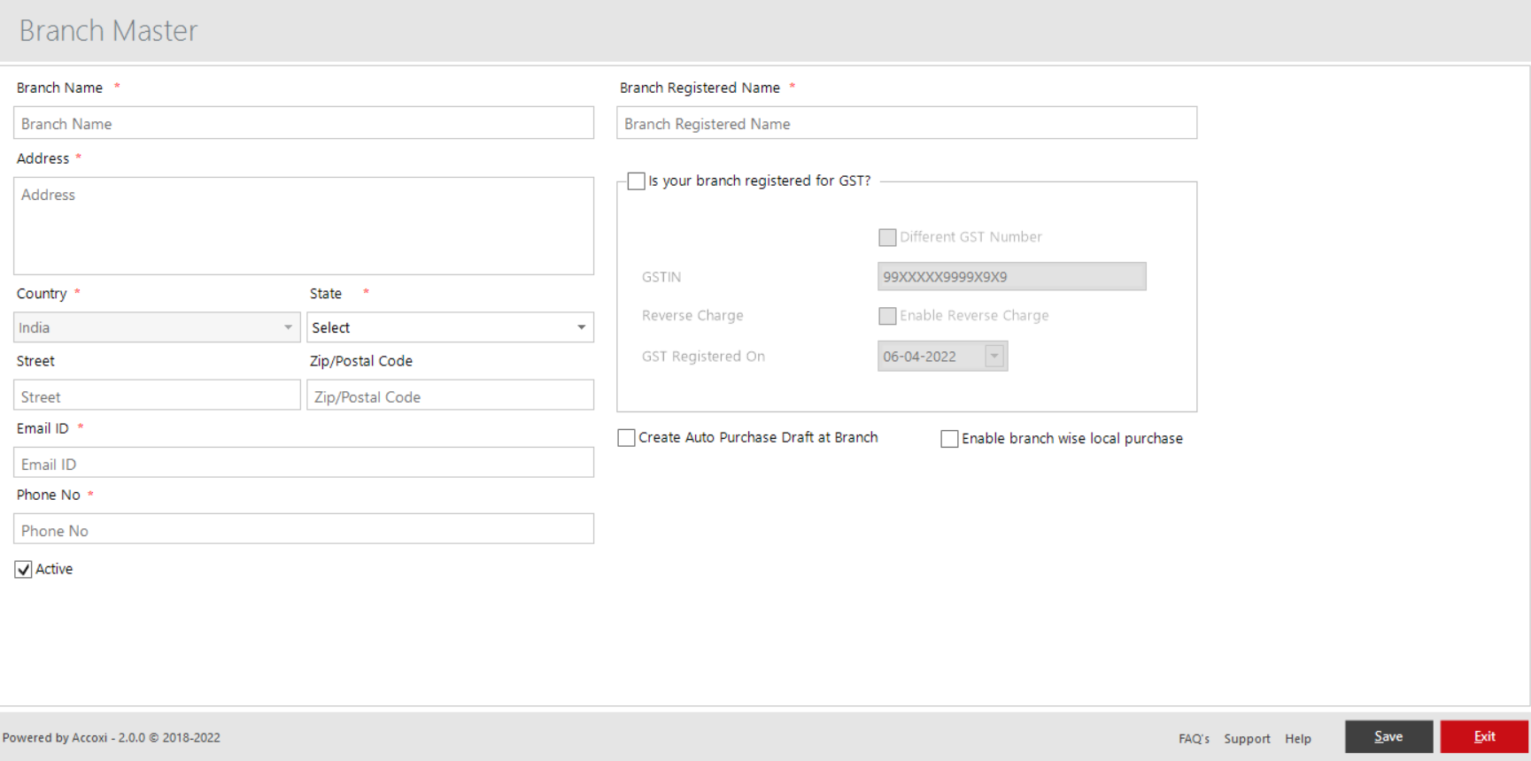 Branch Creation Page