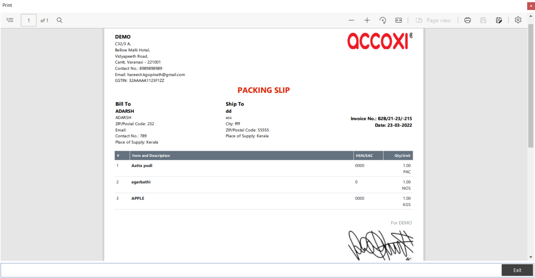 Sales Invoice Packing Slip