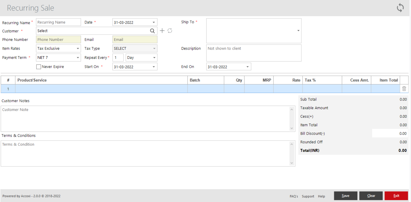 Recurring Sales Invoice Creation Form