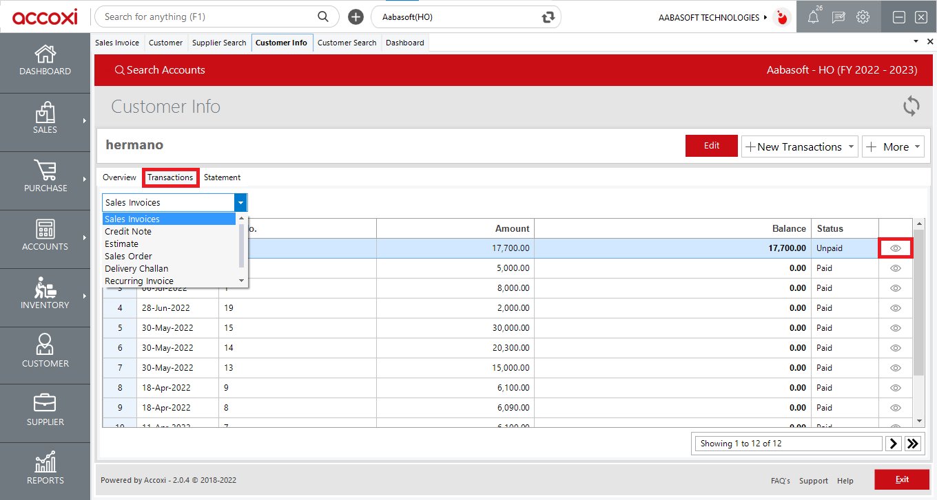 Customer Custinfotransaction