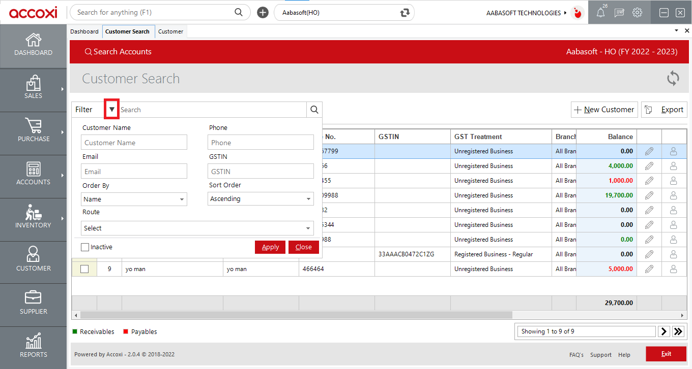 Customer Filter Option