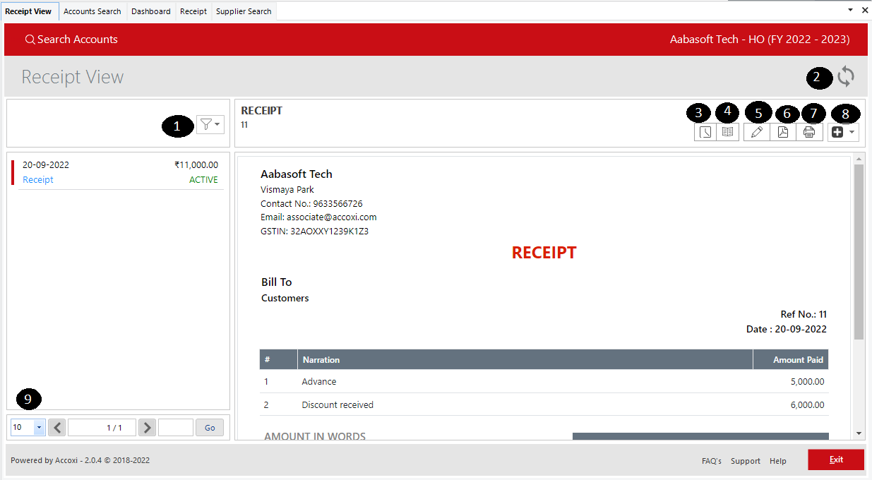 Accounts Receipt View