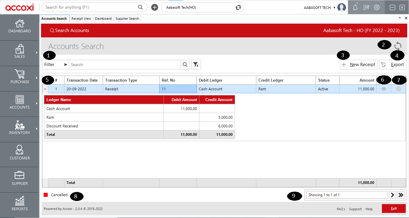 Accounts Search Receipt