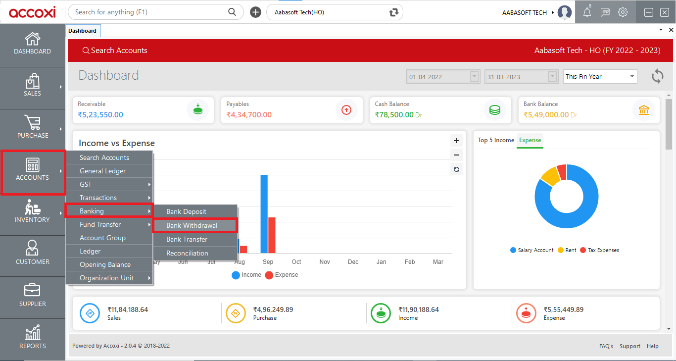 Accounts Bank Withdrwal Dash