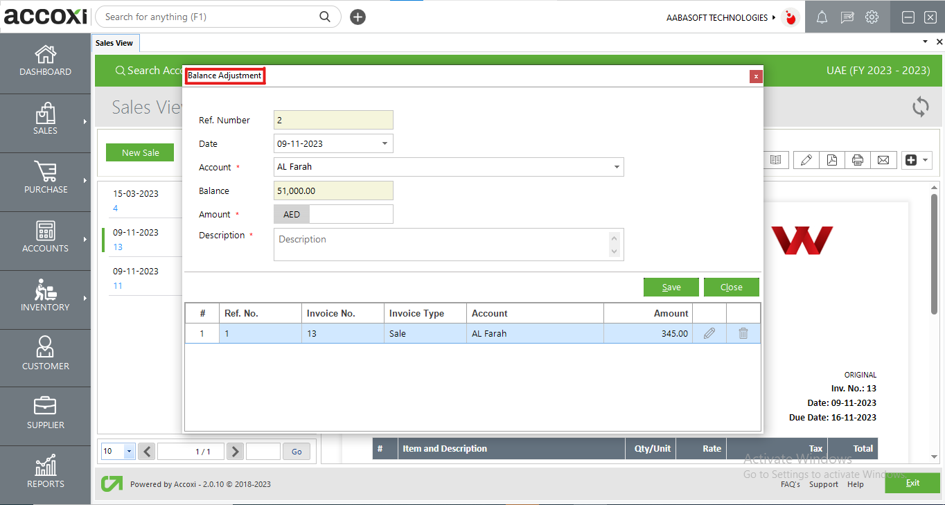 Balance Adjustment In Sales View