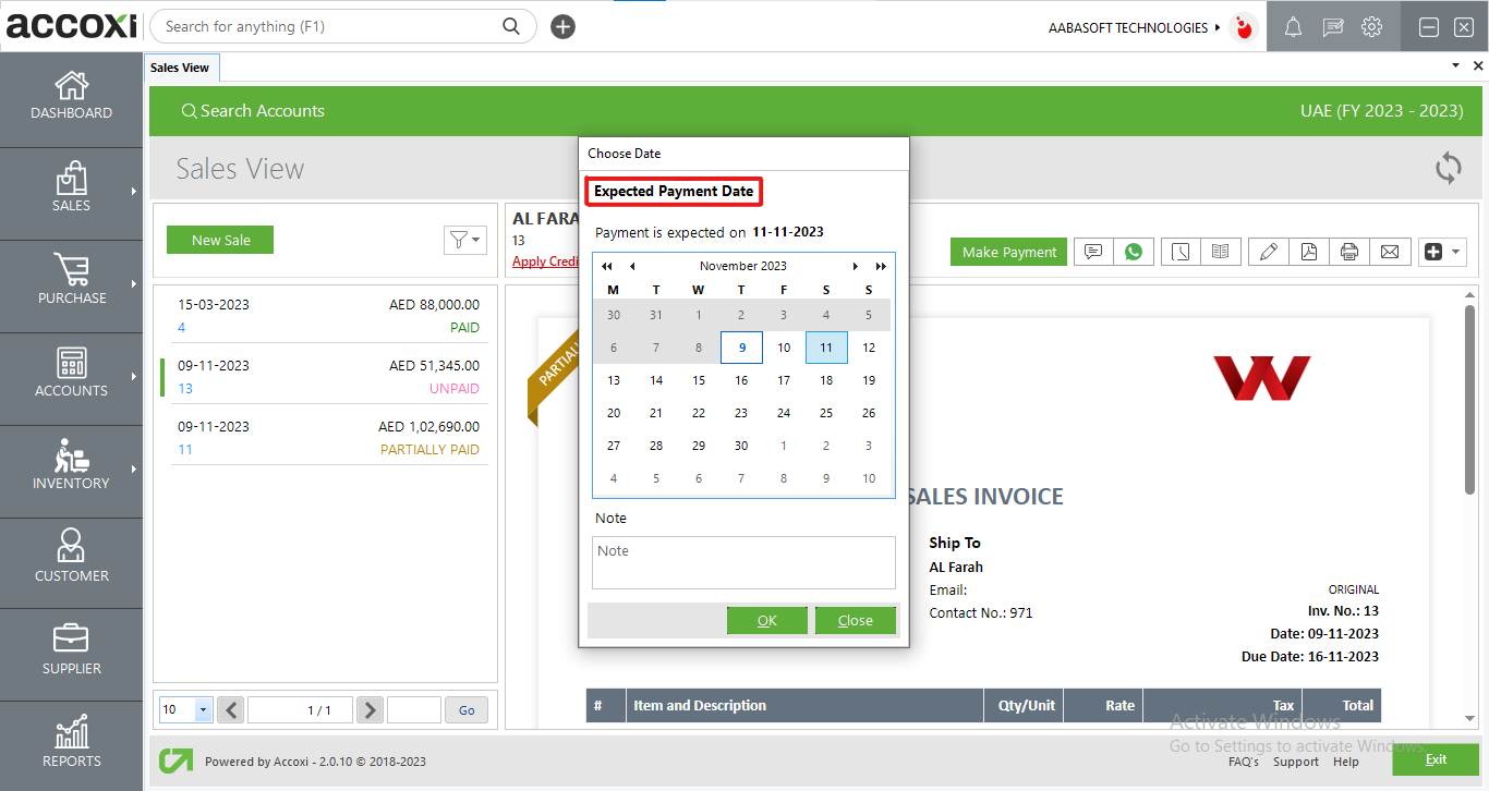 Expected Payment Date In Sales View