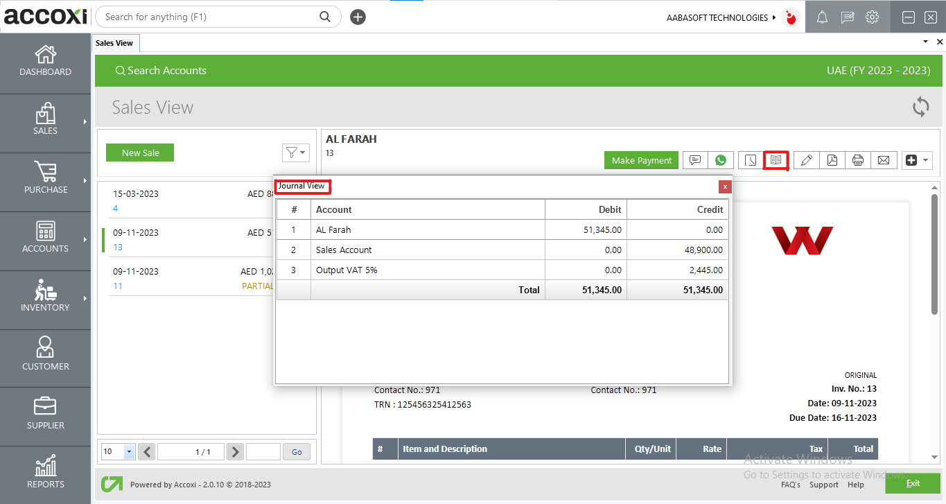 Journal View In Sales View