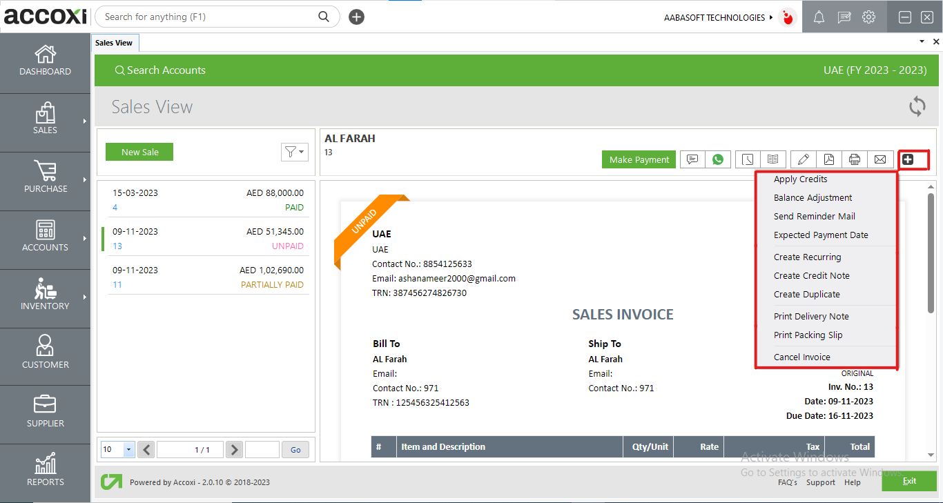 More Option In Sales View