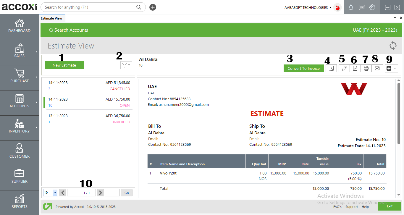 Menus Available In Estimate View Screen