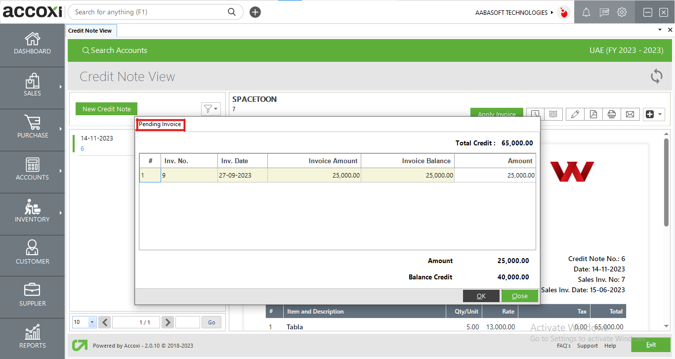 Credit Note Applying To Pending Invoices