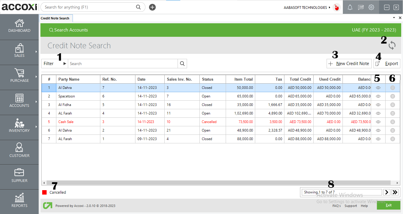 Menus Available In Credit Note Search Screen