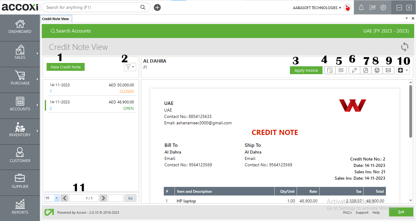 Menus Available In Credit Note View Screen