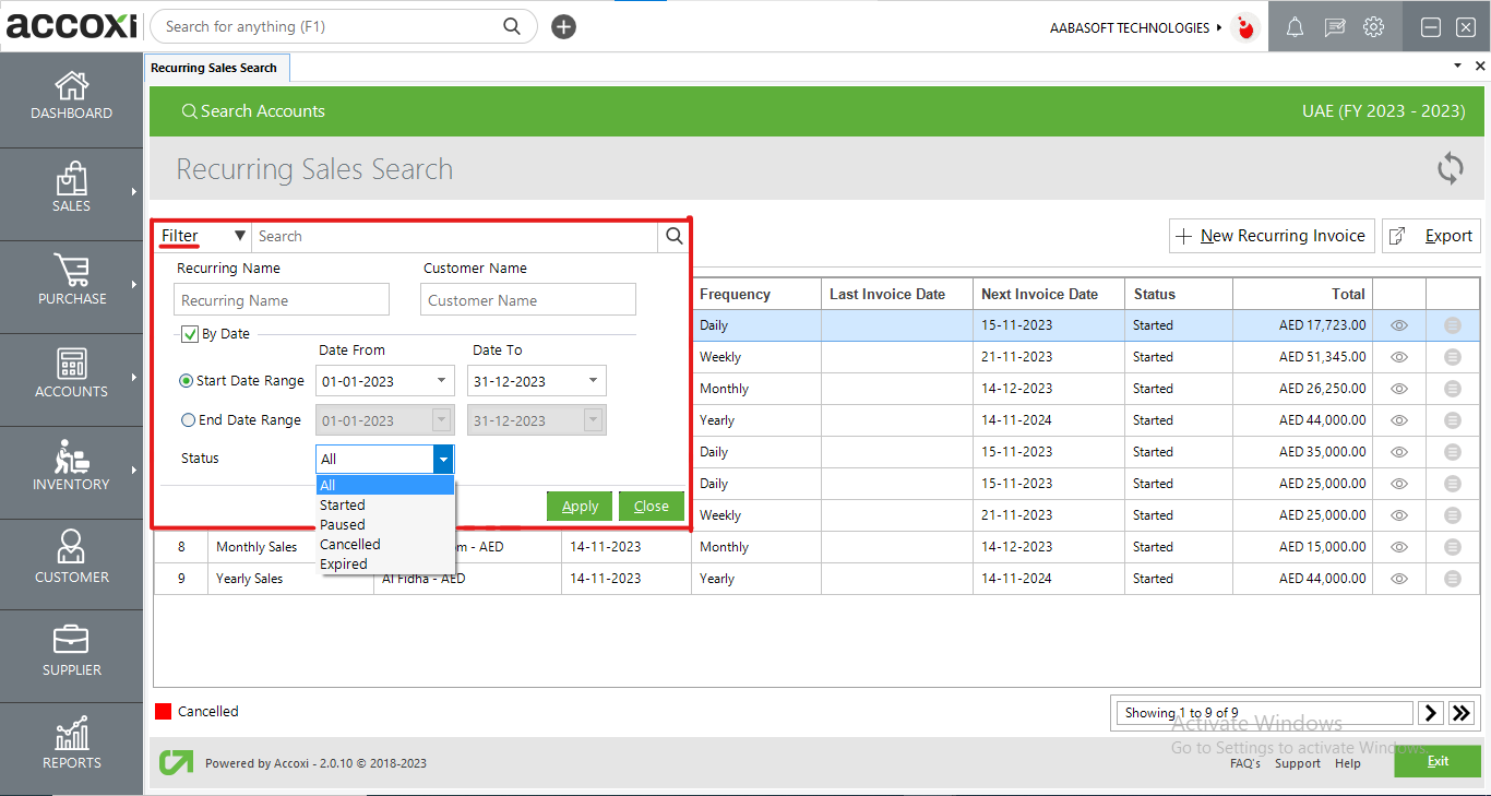 Filter Option In Recurring Sales