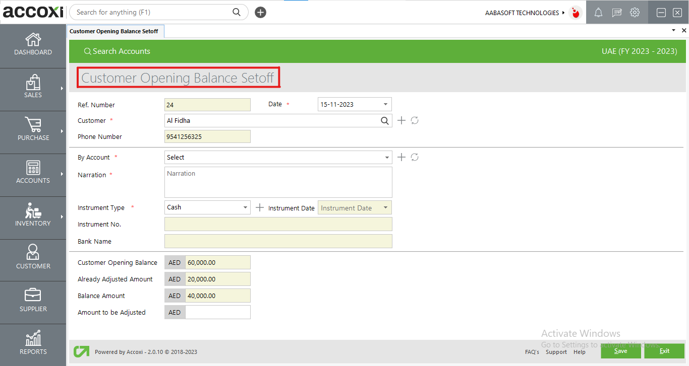 Customer Opening Balance Set Off Screen