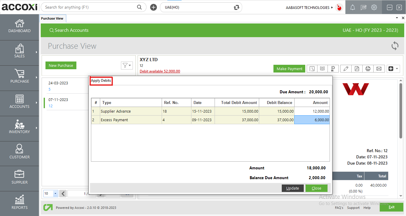 Apply Debits In Purchase View
